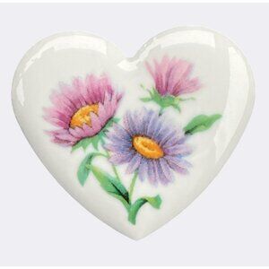 Avon Heart-Shaped Ceramic Brooch Purple Pink Flower Design Vintage Jewelry Pin